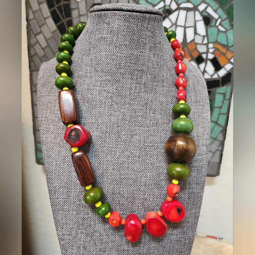 Bohemian Red and Green Beaded Necklace with Asymmetrical Design